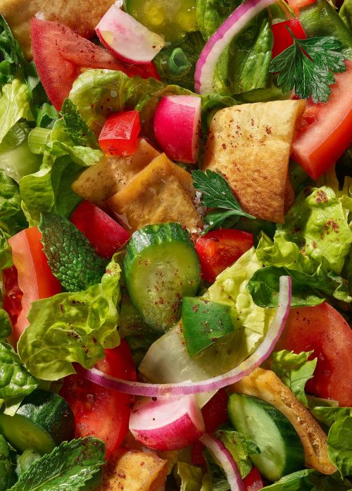 Close-up shot of fresh fattoush salad with lettuce, tomatoes, cucumbers, radishes, red onion, pita bread, and mint for food photography.