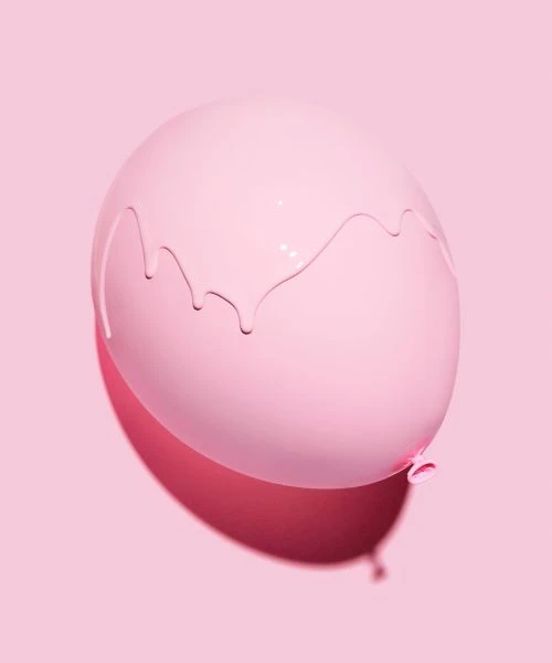Pink balloon against a matching pink background with abstract liquid dripping down the balloon's surface in a minimalist style.