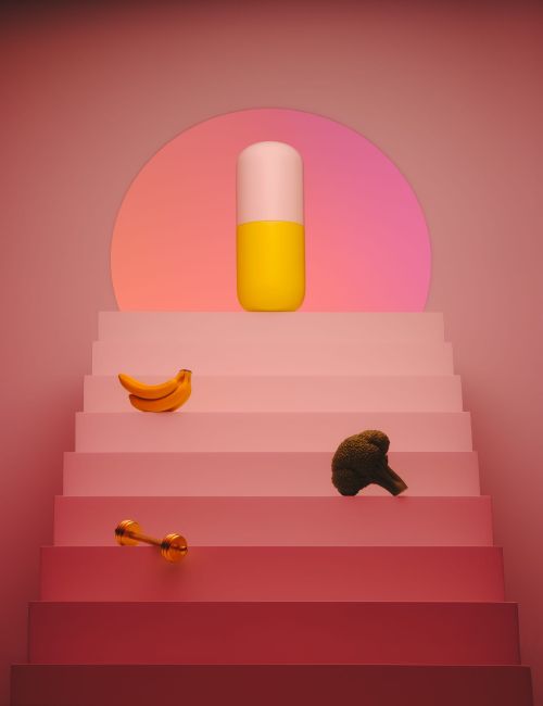Conceptual wellness still life: A capsule on pink steps, banana, broccoli, dumbbell. Minimalist composition for health & fitness.