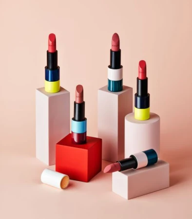 Studio shot featuring a collection of color-block Hermès lipsticks displayed on color-coordinated blocks, set against a soft pink background.