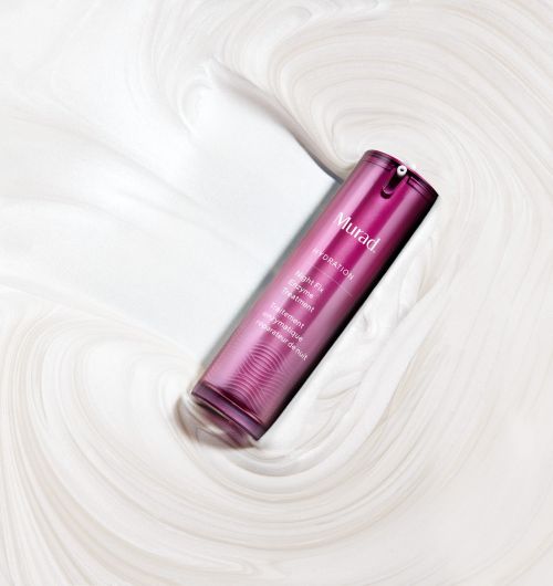 Elegant pink Murad skincare serum bottle lies diagonally on a swirling off-white surface, conveying luxury and beauty.