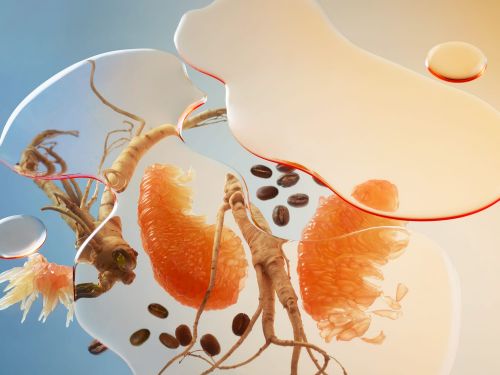 Still life shot of coffee beans, orange slices, water droplets, and assorted roots on a gradient light blue to peach background.