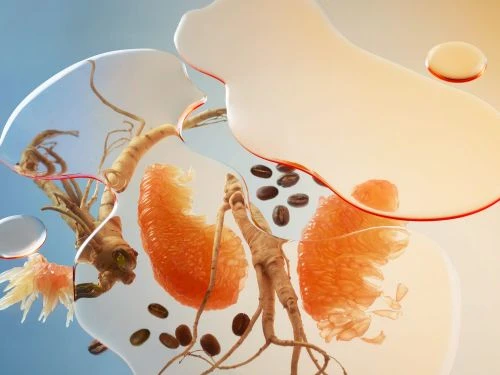 Still life shot of coffee beans, orange slices, water droplets, and assorted roots on a gradient light blue to peach background.