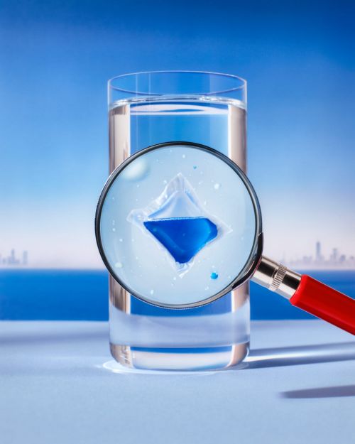 Glass of water with blue detergent pod magnified with a magnifying glass against a blue sky and city skyline backdrop.