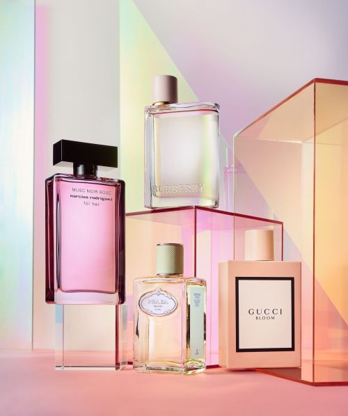 Four perfume bottles by Narciso Rodriguez, Burberry, Prada, and Gucci arranged on clear blocks against a gradient pink background.