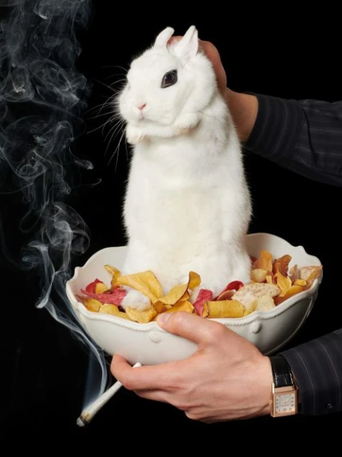 White rabbit sits in bowl held by hands, smoke from cigarette, black background, studio shot, luxury watch visible.