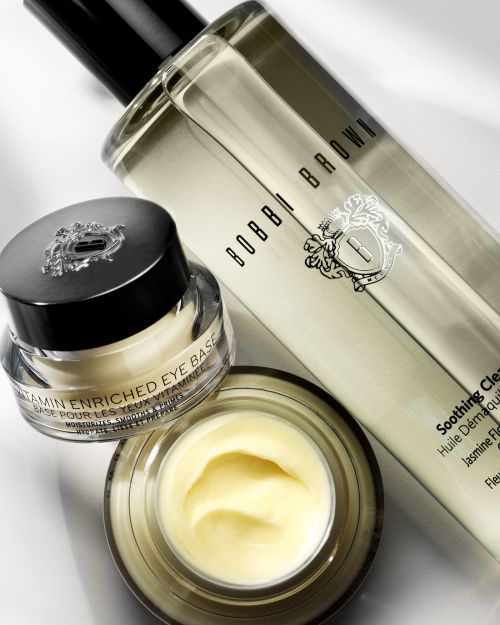 Bobbi Brown skincare products displayed against a white background, including a soothing cleanser and vitamin enriched eye base.