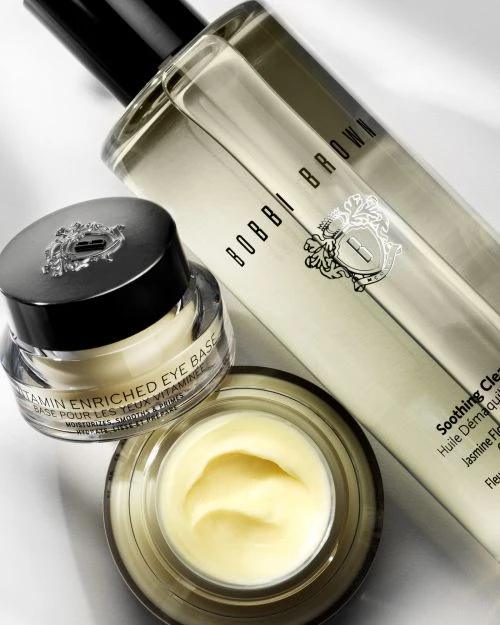 Bobbi Brown skincare products displayed against a white background, including a soothing cleanser and vitamin enriched eye base.