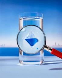 Magnifying glass with a red handle held in front of a tall glass of water against a blue horizon background.