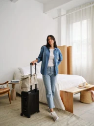 Woman in denim shirt and light blue jeans posing with black rolling luggage and a duffel bag in a bedroom setting.