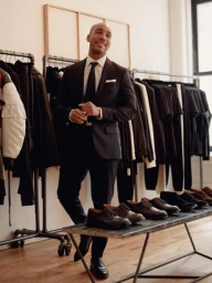 Bald man wearing a black suit and tie smiling in a clothing showroom styled by Courtney Raniszewski