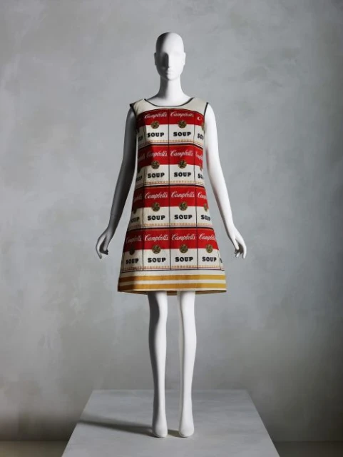 Mannequin displays dress featuring Campbell's Soup cans pattern against a mottled gray background in a studio setting.
