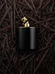 Black cylindrical perfume bottle with gold cap resting on a bed of dark dried vanilla bean pods