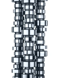 Close-up vertical shot of four polished metal camshafts lined up against a plain white background.