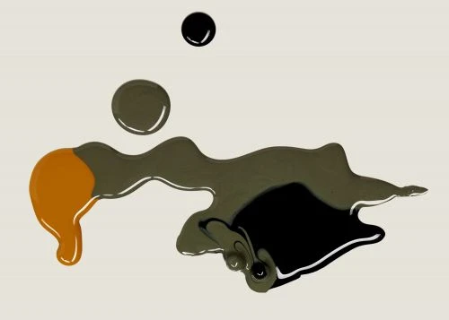 Abstract liquid paint splatter design in olive green, black, and orange on a light beige background in a studio setting.