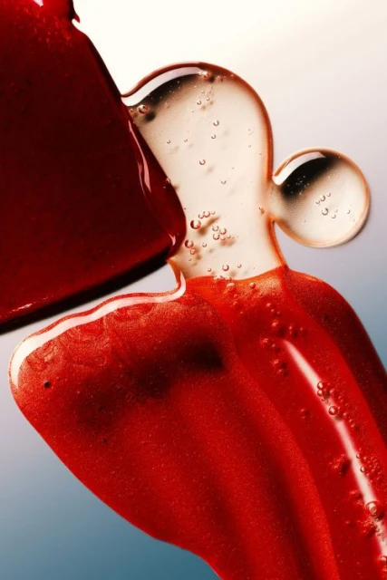 Close-up abstract composition featuring red and clear viscous liquids blending and swirling on a light blue background.