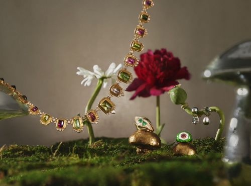 Jewellery still life: A gold necklace with gemstones and earrings displayed with flowers and mushrooms on a mossy surface.