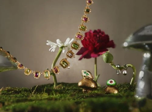 Jewellery still life: A gold necklace with gemstones and earrings displayed with flowers and mushrooms on a mossy surface.