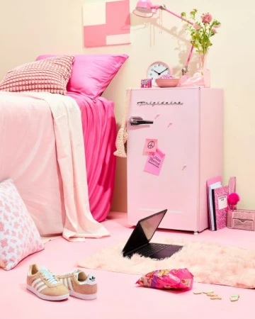 Pink themed bedroom interior with bed, mini refrigerator, laptop, and decor in a studio setting. A modern design in a monochromatic colour scheme.