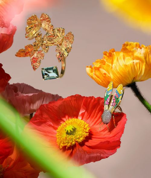 Close-up of a gold butterfly ring with a green gemstone and a decorative insect pin on a red poppy, surrounded by flowers.