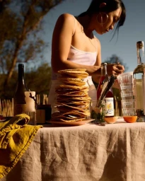 Woman standing behind an outdoor table laden with bottles, glassware, and a tall stack of flatbreads in golden sunlight