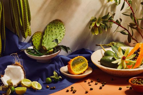 Still life of fresh fruit including dragon fruit, papaya, coconut, limes, and prickly pear cactus on a blue and brown background.