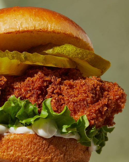 Close-up of a chicken sandwich featuring fried chicken, lettuce, pickles, and mayonnaise on a bun, set against a light green background.