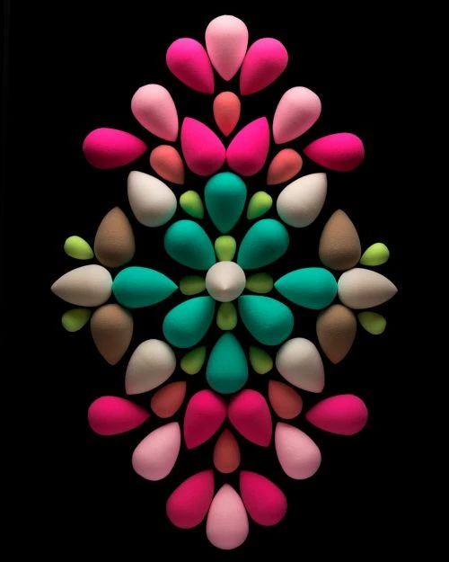 Eye-level, close-up studio shot of teardrop makeup sponges in pink, white, tan, green, and turquoise arranged in symmetrical floral pattern on black.