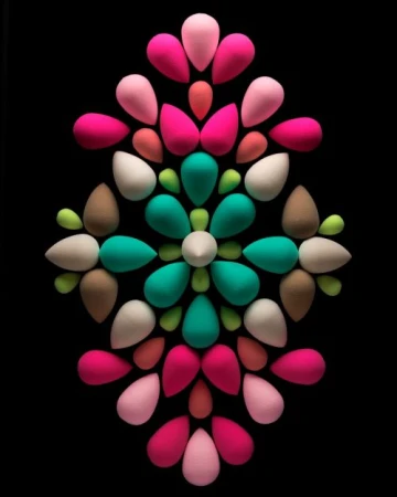 Eye-level, close-up studio shot of teardrop makeup sponges in pink, white, tan, green, and turquoise arranged in symmetrical floral pattern on black.