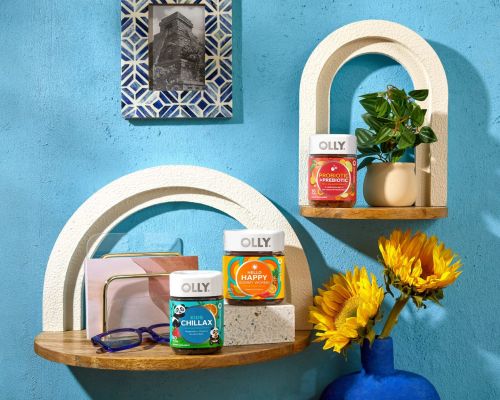 Three Olly wellness supplement bottles are displayed on decorative shelves with a potted plant and sunflowers against a blue wall.