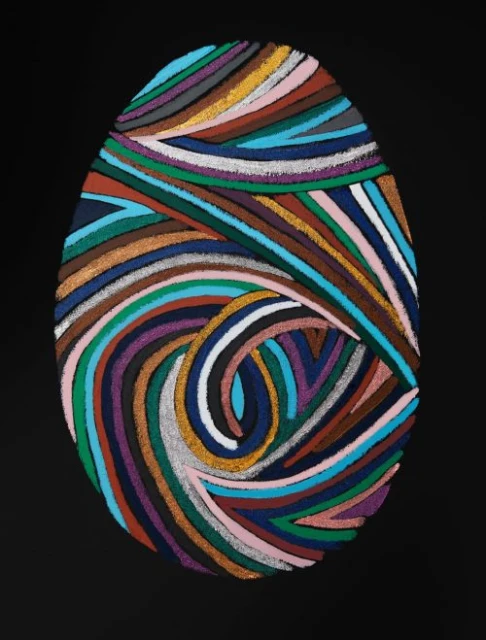 Colorful abstract art with a swirling pattern of horizontal stripes forming an oval shape, set against a stark black background.