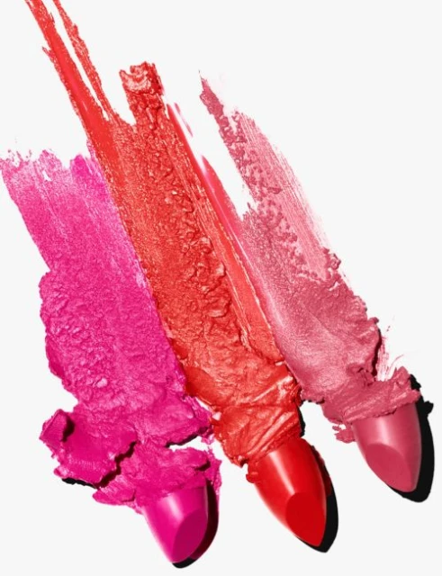 Three shades of lipstick, pink, red, and rose-pink, swatched diagonally against a clean white background, creating a beauty and cosmetics theme.
