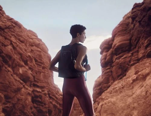 Back view of a woman with a backpack in a desert landscape. Red rock formations frame the figure against a light sky.