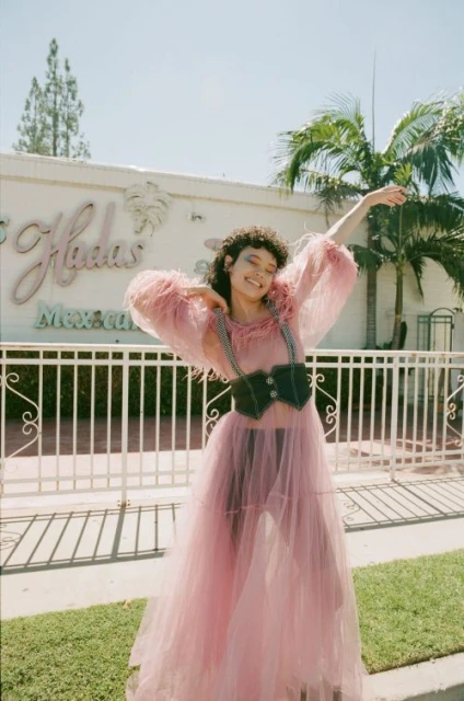 Woman poses outside in a pink tulle dress and black corset with palm trees and a restaurant in the background on a sunny day.