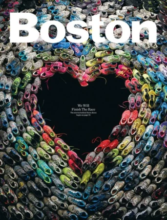 Overhead shot of running shoes arranged in a heart shape, surrounded by more shoes, with the word 'Boston' and the tagline 'We Will Finish The Race'.