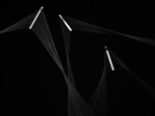 Abstract monochrome photograph showcasing converging threads attached to three white bars against a solid black backdrop, emphasizing minimalist form.