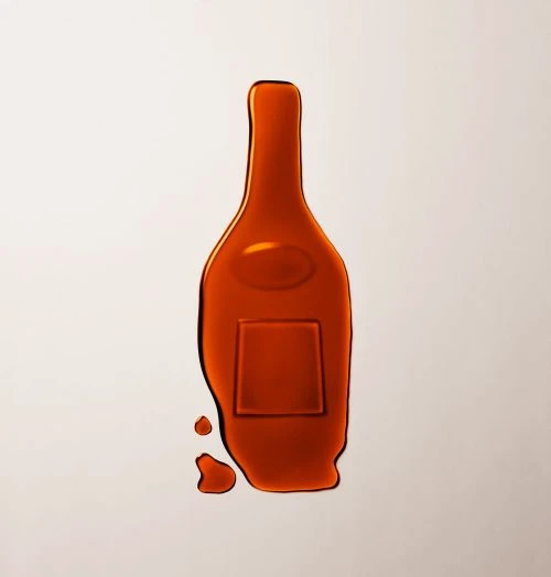 Caramel-colored wax seal resembling a wine bottle on a light background, suggesting a product or brand related to beverages.