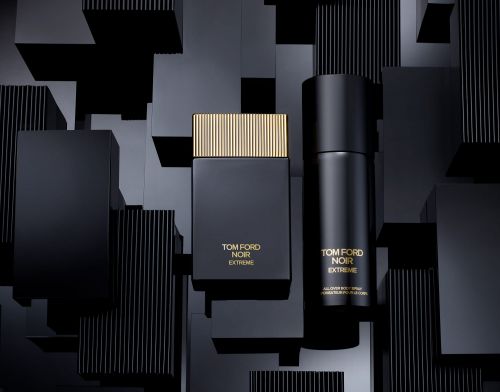 Tom Ford Noir Extreme perfume and body spray on a black background, capturing a sophisticated and elegant product shot.