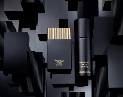 Tom Ford Noir Extreme perfume and body spray on a black background, capturing a sophisticated and elegant product shot.