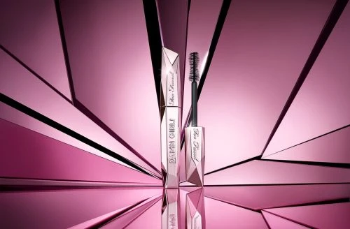 Beauty shot of Too Faced Damn Girl! mascara, tube and brush applicator, against a pink geometric background with reflective surfaces.