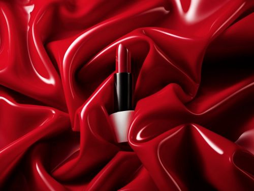 Close-up studio shot of red lipstick with a black and white tube, laying against folded luxurious looking red fabric. Beauty concept.