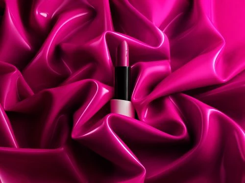 Close-up of a lipstick tube on shiny fuchsia fabric, showcasing makeup, beauty, and product photography with a high-fashion aesthetic.