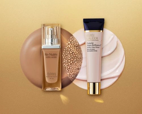 Estee Lauder Re-Nutriv liquid makeup and Futurist Aqua Brilliance primer on a gold background with cosmetic textures.