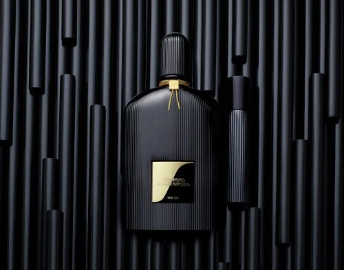 Black Ford Orchid perfume bottle with an atomizer on a background of black vertical tubes creating a dark, luxurious, and stylish presentation.