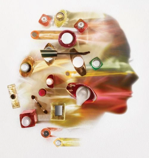 Silhouette of a person's head filled with beauty products including perfume bottles, makeup brushes, and lipstick on a white background.