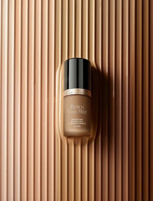 Cosmetic foundation bottle on a background of light and dark tan vertical lines. Bottle is black and tan, text says Born This Way.