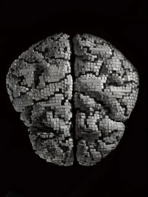 Conceptual computer-generated brain in monochrome with a block construction on a black background, emphasizing technology and healthcare.