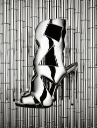 A metallic silver high heel shoe with geometric cutouts posed against a reflective cylindrical rod background.