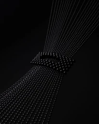 A dark, abstract sculptural composition of numerous black beads threaded on parallel strings gathered by a central rectangular cluster