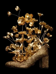 An ornate metallic gold high-heeled shoe filled with sculpted golden floral arrangements against a plain black background.